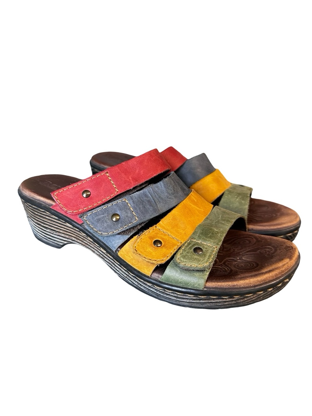 BORN Multi Color Strap Wedge Slides Size 9 /40 Leather Slip On Comfort Boho